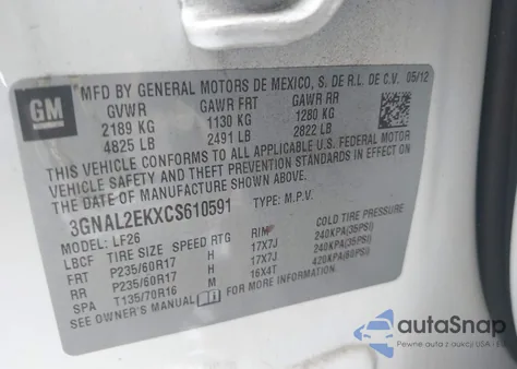 2012 Chevrolet Captiva Sport 2Ls from USA, damaged, VIN 3GNAL2EKXCS610591